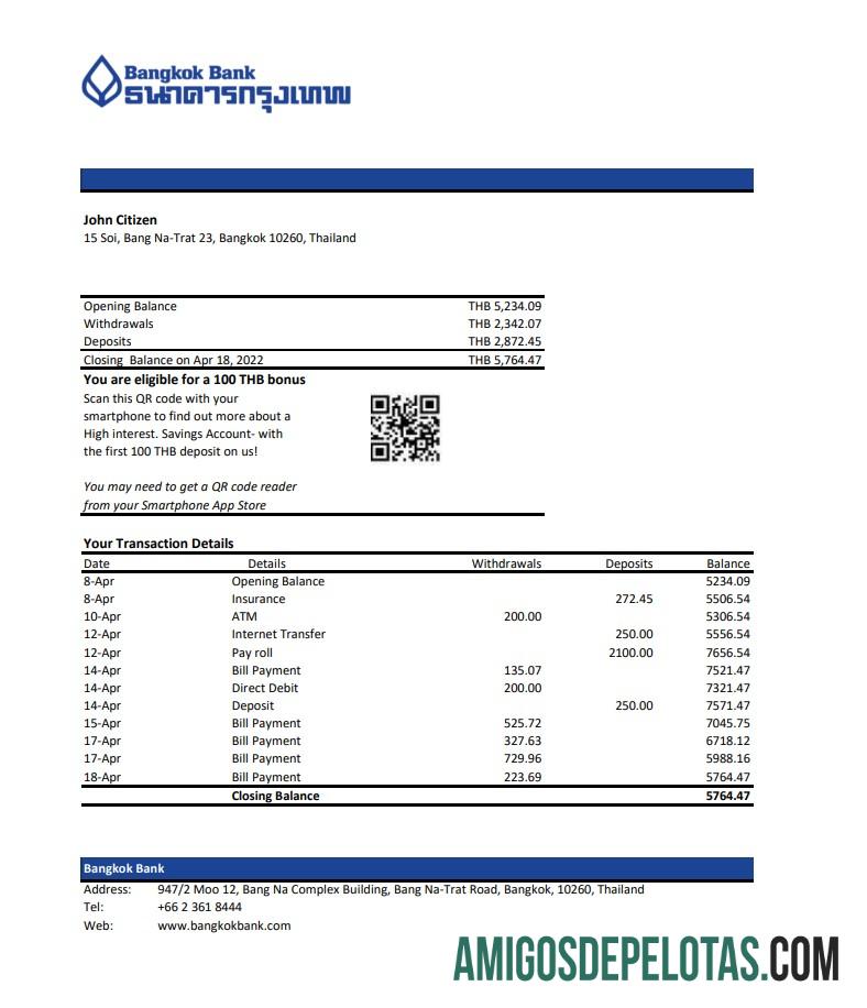 Extrato bancário da Tailândia Bangkok para impressão, modelo Excel e PDF
